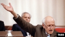 Soviet scientist and human rights campaigner Andrei Sakharov addressing the First Congress of the USSR People's Deputies after becoming a deputy in 1989.