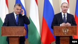 Президент Росії Володимир Путін (п) і прем’єр-міністр Угорщини Віктор Орбан на спільній прес-конференції, Росія, 17 лютого 2016 року