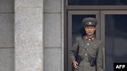 A North Korean soldier looks on at the Joint Security Area at the truce village of Panmunjom separating the two Koreas.