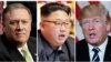 Mike Pompeo (stânga), Kim Jong Un (centru) și Donald Trump (dreapta)