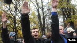 Nationalist activists shout during their rally in central Moscow.