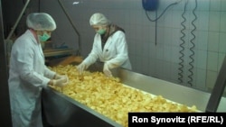 Dy punëtore duke punuar në fabrikën e patateve të skuqura Vipa Chips në Pestovë, Vushtrri. Fotografi nga arkivi.