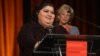 Khadija Ismayilova accepts the 2012 Courage in Journalism award from the International Women's Media Foundation in New York in October 2012.