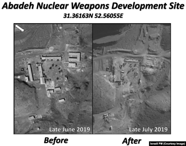 نخست‌وزیر اسرائیل می‌گوید که ایران تأسیسات آباده (تصویر سمت چپ) را اندکی بیش از یک ماه قبل نابود کرده است (تصویر سمت راست)