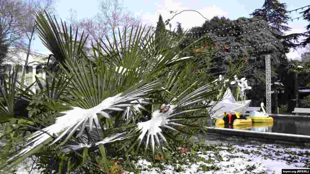 Привыкшие к скоротечному ялтинскому снегу пальмы, им не впервой носить зимние украшения