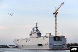 The "Vladivostok" warship ordered by Russia is pictured in a French shipyard in September.