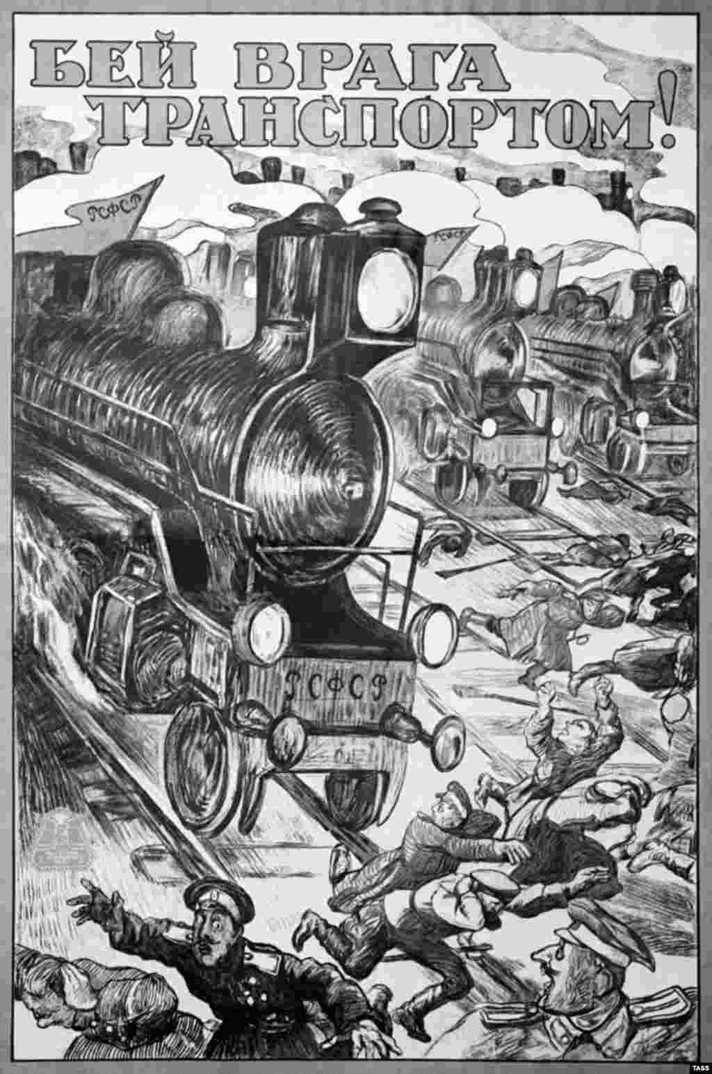 An early Soviet poster urging workers to build railroads to defeat counterrevolutionaries - Early Soviet poster art featured dynamic graphics and forceful slogans, and covered topics from health and social issues to education and politics.
