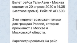 Скриншот об открытии регистрации на рейс 20 апреля 2020 Тель-Авив – Москва в официальном телеграм-канале Минкомсвязи России