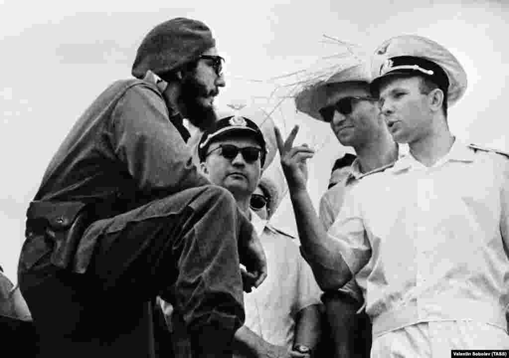 The cosmonaut meets Cuban leader Fidel Castro during a visit to Havana on June 23, 1961.&nbsp;