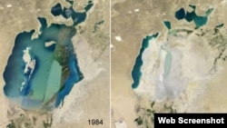 Арал теңізінің 1984 жылғы (сол жақта) және 2012 жылғы деңгейі. Екінші фотоның жоғарғы жағындағы - Кіші Арал.