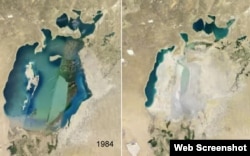 Аральское море со спутника в 1984-м (слева) и 2012 году.