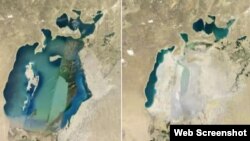 Аральское море в 1984 году (слева) и в 2012 году. Снимок с космоса.