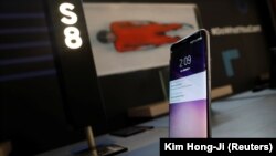 A Samsung Galaxy S8 smartphone is seen on display at a promotional booth in Pyeongchang.