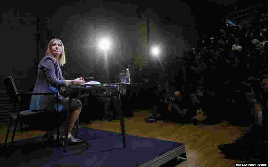 Russian socialite Ksenia Sobchak at her first press conference in Moscow after announcing that she intended to run for the presidency in 2018. (Reuters/Maxim Shemetov)