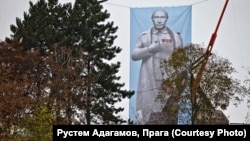 The image of Russian President Vladimir Putin was used by anticommunist activists in Prague to dissuade voters from voting for the Communist Party.
