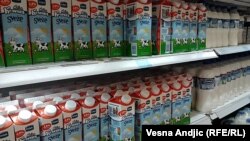 Food on a shelf in a Belgrade supermarket.