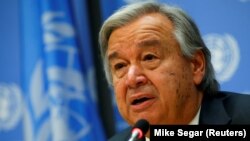 Генеральный секретарь Организации Объединённых Наций Антониу Гутерриш выступает на пресс-конференции в преддверии 72-й сессии Генеральной Ассамблеи ООН. Нью-Йорк, 13 сентября 2017 года.