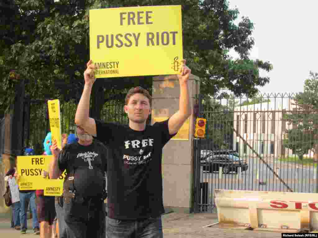 An Amnesty International-organized protest in support of Pussy Riot is held in front of the Russian Embassy in Washington, D.C., on August 17.&nbsp;