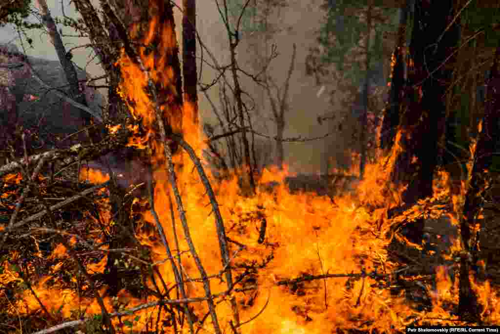 A fire rages on Olkhon Island, the largest island in Lake Baikal.