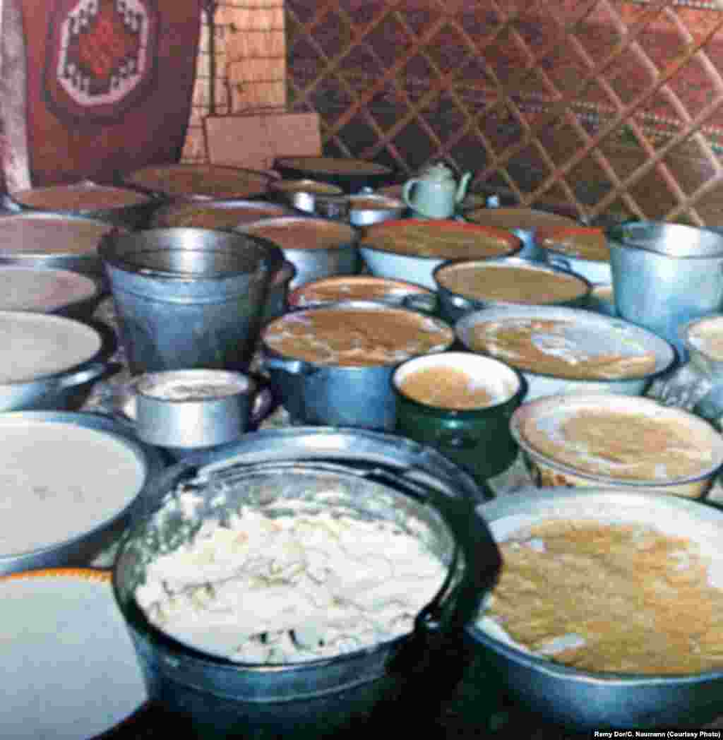 Various milk products are stored in a yurt. The Kyrgyz nomads were relatively wealthy compared with many people in Afghanistan; the trade in animal products allowed them to buy luxury items like radios, watches, and sewing machines.