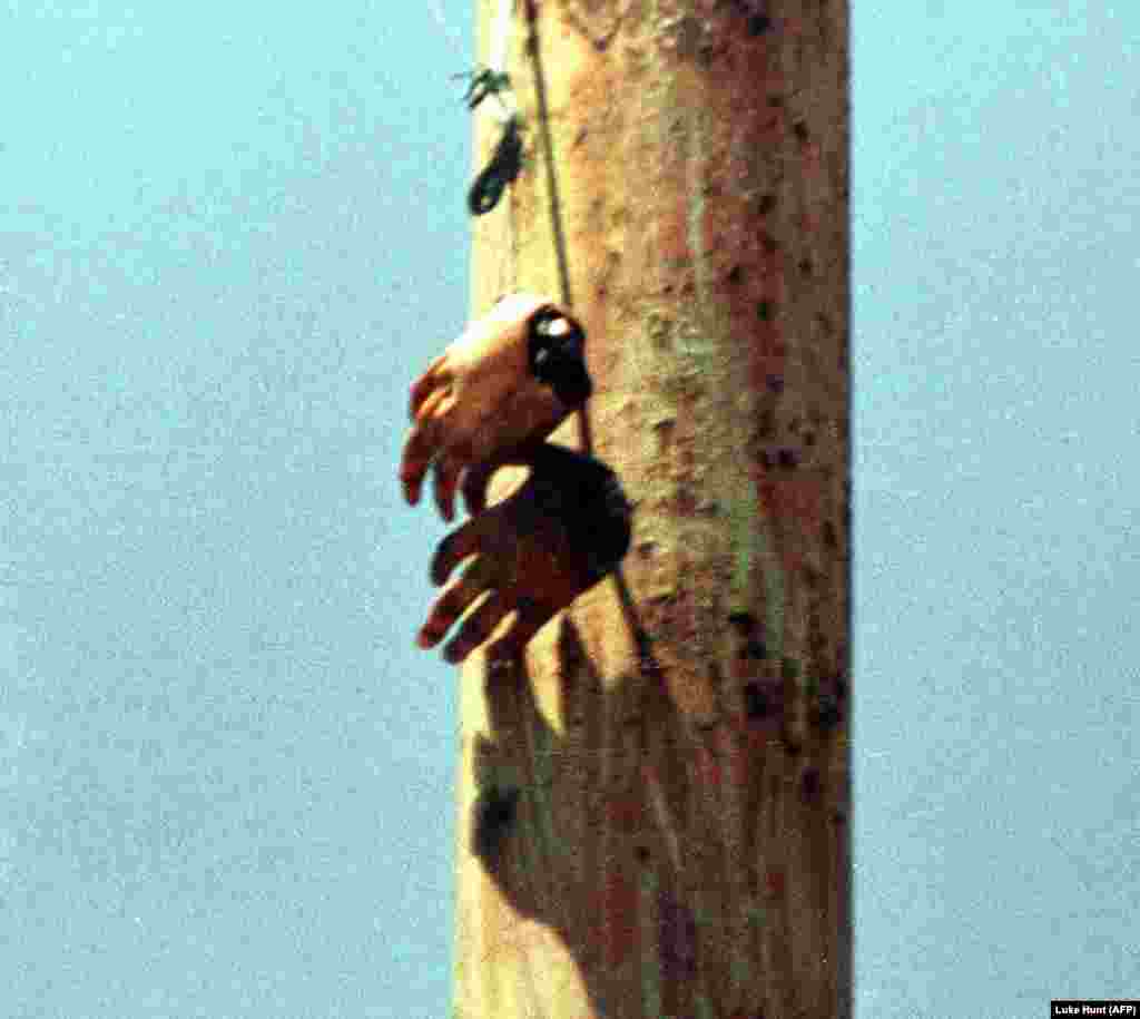 A pair of hands strung from a lamppost as a warning against theft. Under the Taliban, those convicted of stealing could have their hands amputated.