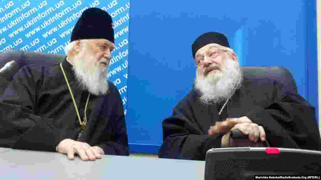 Патріарх Української православної церкви Київського патріархату Філарет та кардинал Української греко-католицької церкви Любомир Гузар, 3 квітня 2013 року