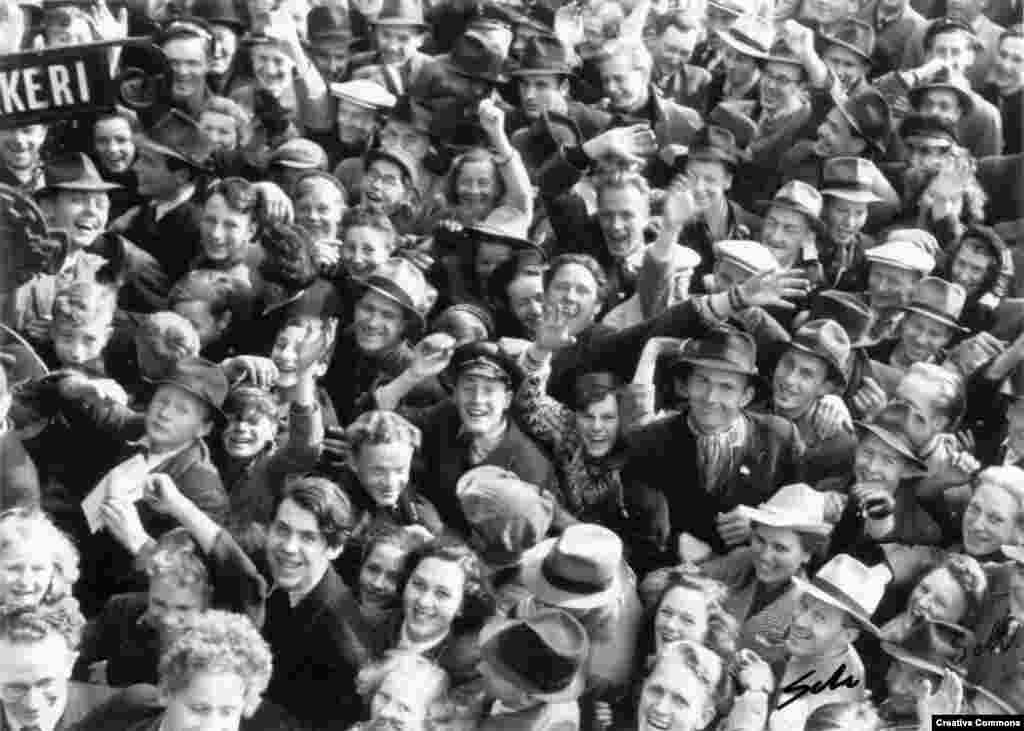 Crowds gather in Trondheim, Norway, to celebrate on May 8. Norway endured five years of Nazi occupation.