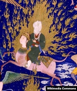 "Həzrəti Məhməmməd cənnətdə" adlı yuxarıdakı rəsmdə peyğəmbər yaxın planda