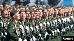 Russian servicemen march during the Victory Day parade on Red Square.