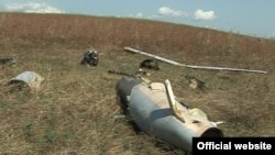 Wreckage of what Karabakh-Armenian forces say was an Azerbaijani drone shot down on September 12.