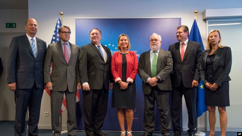 U.S. Secretary of State Mike Pompeo with European and U.S. diplomats in 2018. File photo