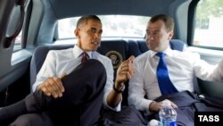 U.S. President Barack Obama and his Russian counterpart, Dmitry Medvedev, confer during Medvedev's trip to Washington on June 24.