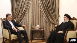 Hassan Nasrallah (R) meeting with Iran's Deputy Foreign Minister for Arab and African Affairs Hossein Jaberi Ansari (June 28, 2016)