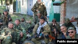 Russia -- Eduard Gilyazov (C), pro-Russian fighter with his fellow separatist fighters in Eastern Ukraine