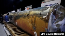 A missile that the U.S. Department of Defense says is a "Qiam" ballistic missile manufactured in Iran. It was fired by Huthi rebels from Yemen into Saudi Arabia in July 2017.