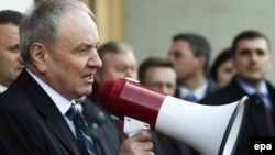Newly elected President Nicolae Timofti speaks in front of the Republic Palace in Chisinau on March 16.