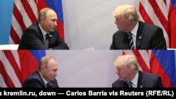 Сустрэча Ўладзіміра Пуціна з прэзыдэнтам ЗША Дональдам Трампам: зьверху фота з сайта kremlin.ru, зьнізу фота Карласа Барыі для Reuters