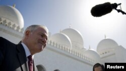 U.S. Defence Secretary Robert Gates makes a statement to the media after touring Sheikh Zayed Mosque in Abu Dhabi