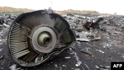 A part of Malaysia Airlines flight MH17 lies at the crash site in the village of Hrabove, 80 kilometers from the city of Donetsk. 