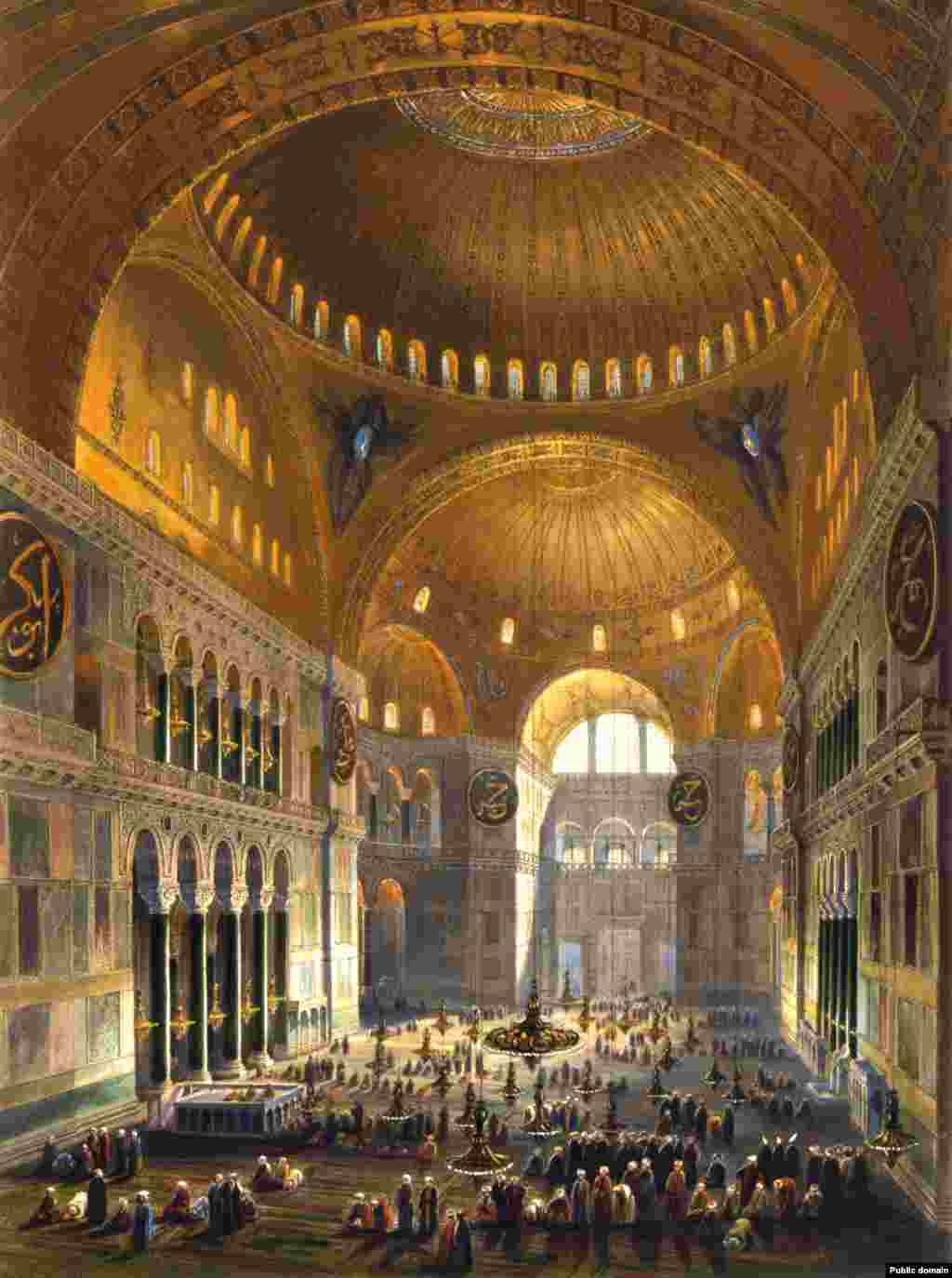 Ілюстрація&nbsp; датована 1852 роком: мусульмани моляться всередині Агії Софії. Майже 500 років собор Святої Софії був діючою мечеттю, а християнська іконографія всередині була або заштукатурена, або знищена