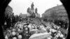 People lay flowers on Prague&#39;s Wenceslas Square on January 22, 1969, in honor of Jan Palach, who had died of self-inflicted burns three days earlier.