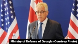 U.S. Defense Secretary Chuck Hagel speaking at a briefing in Tbilisi, Georgia, in early September
