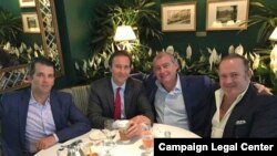 A Facebook screen shot showing from left to right: Donald Trump Jr., Tommy Hicks Jr., Lev Parnas, and Igor Fruman in May 2018.