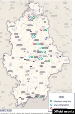 Місця, де зафіксовано злочини проти людини в Луганській і Донецькій областях. Інфографіка Центру громадянських свобод