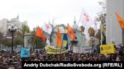 The gathering of Chornobyl liquidators near the Ukrainian parliament in Kyiv on November 1, when the protesters broke down a fence before being fended off by security forces.