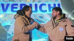 Chechen leader Ramzan Kadyrov (right) and Chechen construction magnate Ruslan Baisarov during the unveiling of the Veduchi project in February 2013.