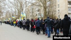 Акція протесту проти вторгнення Росії до України в захопленому російськими військовими місті Мелітополі, 7 березня 2022 року