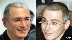 Mikhail Khodorkovsky during his trial in Moscow in 2003 (right) and in 2011 while in prison.