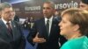 Петр Порошенко, Барак Обама и Ангела Меркель во время саммита НАТО в Варшаве, 8 июля 2016