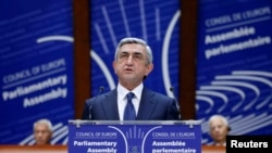 France -- Armenian President Serzh Sarkisian addresses the Parliamentary Assembly of the Council of Europe in Strasbourg, October 2, 2013